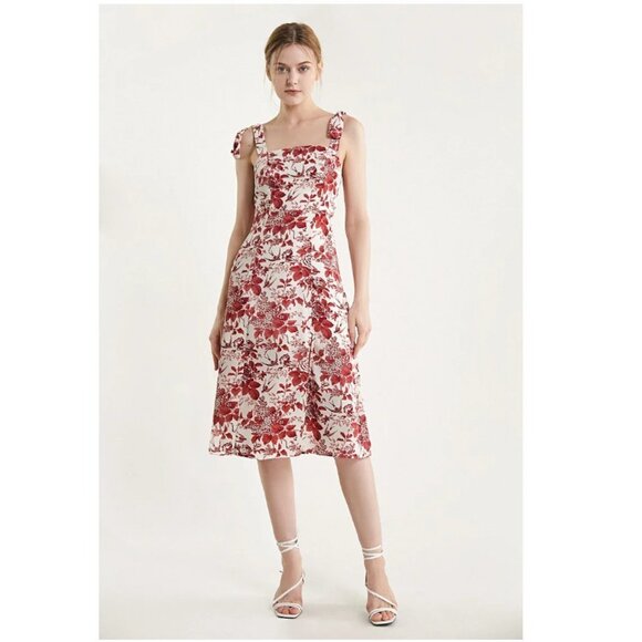 J.ing Dark Red Floral Print Tie Strap Slit Hem Midi Dress - Picture 2 of 11
